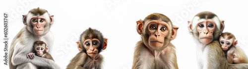 Wildlife zoo safari africa monkeys animals banner panorama long - Collection close up of  group of monkey family with baby portrait, isolated on white background, Generative Ai