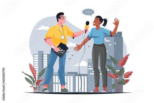 Journalism yellow concept with people scene in the flat cartoon style. A journalist interviews a woman on the street. Vector illustration.