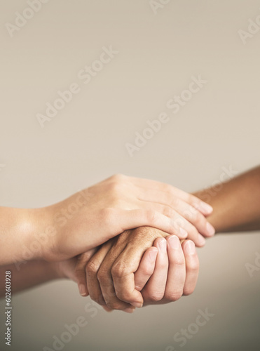 Fotótapéta Help, support and love with people holding hands in comfort, care or to console each other