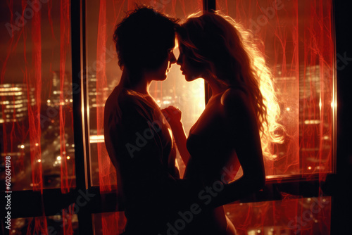  Sensual Double Exposure. Captivating artistic photo from the 1980s featuring a woman wearing black lace and a man in a penthouse bedroom at night. Romantic Red Noir concept AI Generative
