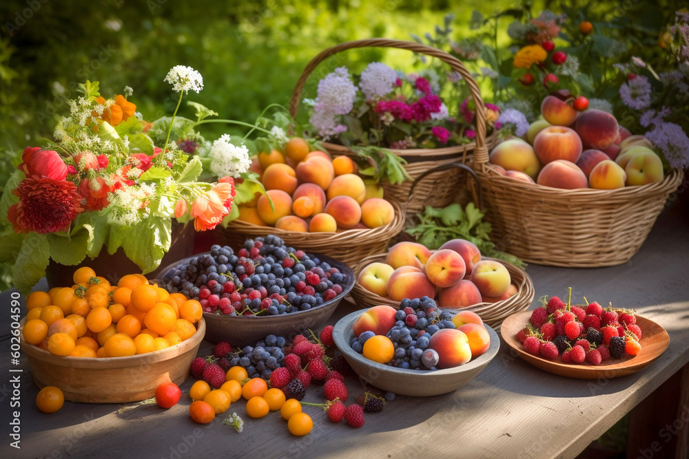 Bountiful Summer harvest outside with plenty of freshly picked berries, fruits and flowers showing Self sufficient farming and home grown food, made with Generative AI