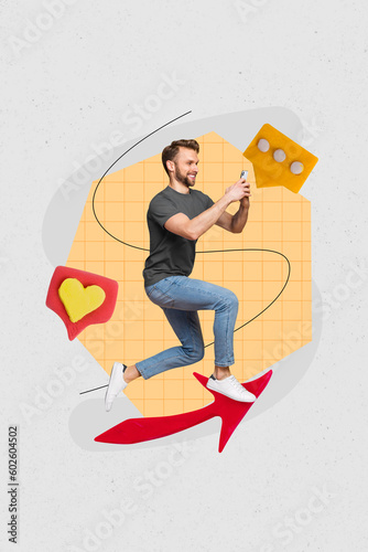 Abstract artwork template collage of happy smiling guy chatting instagram telegram facebook isolated painting background