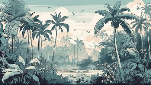 Tropical Horizon: Majestic Coconut Trees and Serene Banana Leaves. Generative AI