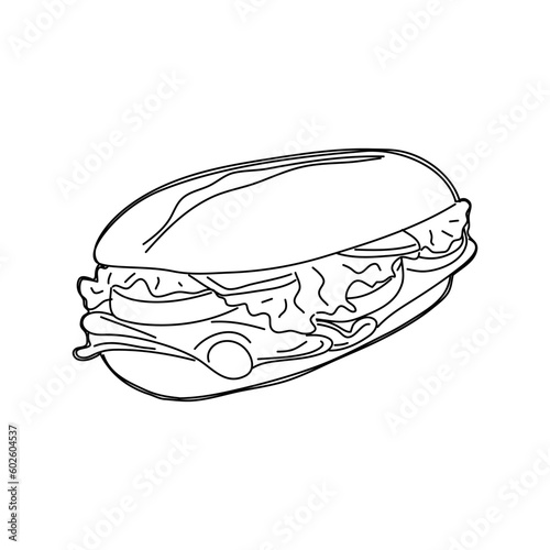 Long ciabatta sandwich in sketch style. Vector illustration.