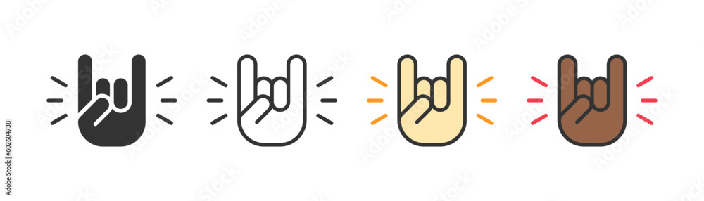 Rock hand icon on light background. Festival symbol. Fans, roker, rock-n-roll, gesture, music. Outline, flat and colored style. Flat design. Vector illustration. Rock hand icon on light background. Festival symbol. Fans, roker, rock-n-roll, gesture, music. Outline, flat and colored style. Flat design. Vector illustration.