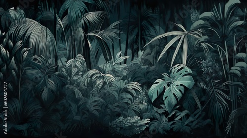 Tropical Paradise  Dark Green Tropical landscape Illustration  Background and wallpaper design. Generative AI