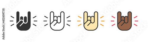 Rock hand icon on light background. Festival symbol. Fans, roker, rock-n-roll, gesture, music. Outline, flat and colored style. Flat design. Vector illustration.