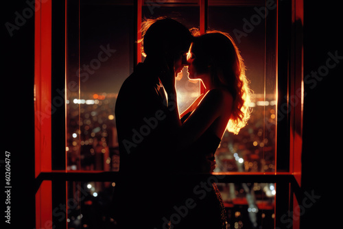  Sensual Double Exposure. Captivating artistic photo from the 1980s featuring a woman wearing black lace and a man in a penthouse bedroom at night. Romantic Red Noir concept AI Generative