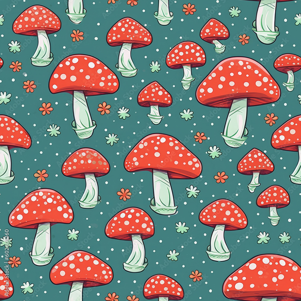 Generative AI Cute and Colorful Amanita Muscaria Mushroom Seamless Pattern