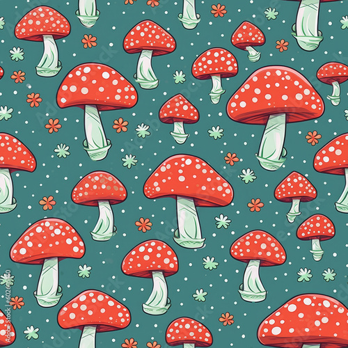 Generative AI Cute and Colorful Amanita Muscaria Mushroom Seamless Pattern