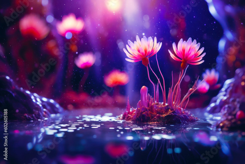 Beautiful pink flower in space planet life concept. fantasy enviroment . Ai generative. photo