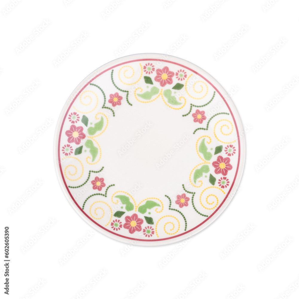 Decorated ceramic plate with pink flowers and leaves isolated over white background Decorated ceramic plate with pink flowers and leaves isolated over white background