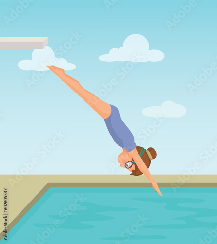 Cute little girl in swimsuit and goggle jumping dive into the swimming pool