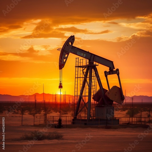 Silhouetted Crude Oil Pumpjack on Desert at Dusk. Generative AI