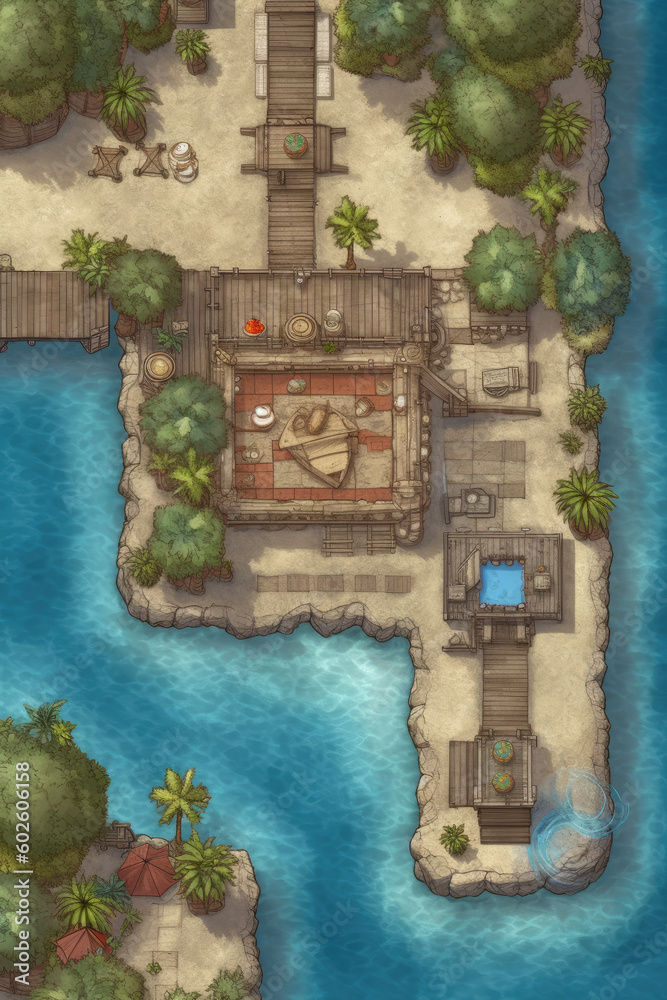 fantasy Arabians fishing cottage top down view asset map - by generative ai