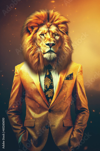 elegant alpha lion spirit animal wearing golden suit - by generative ai