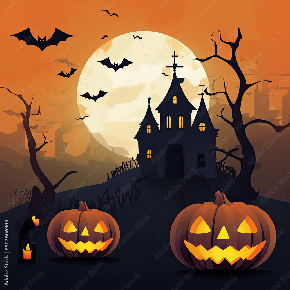 halloween castle spooky background with pumpkin - by generative ai
