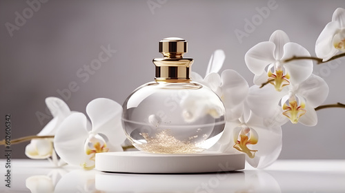 Luxury perfume glass bottle with orchid flower petals on podium marble, cinematic smoke realistic minimalist white light background generative ai photo