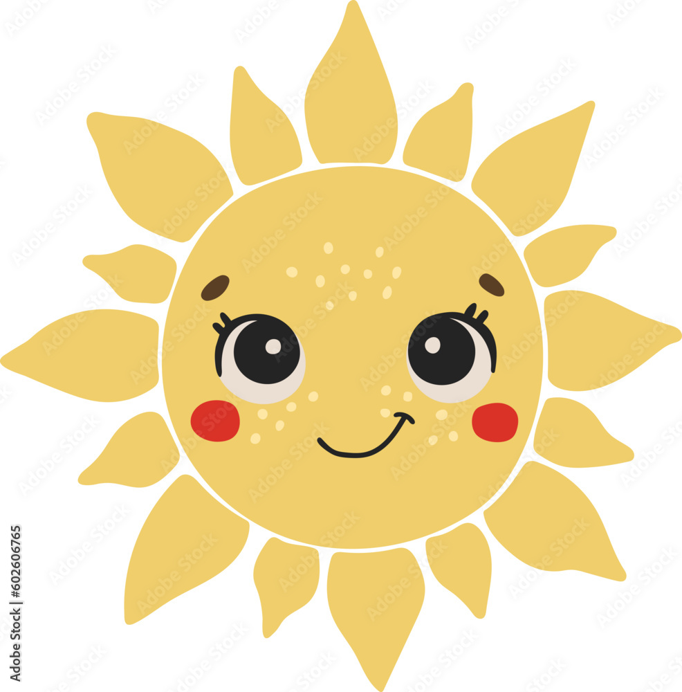 Cute sun cartoon character, Happy sun vector, Summer sunshine with eyes, Sun isolated vector, cute baby illustration