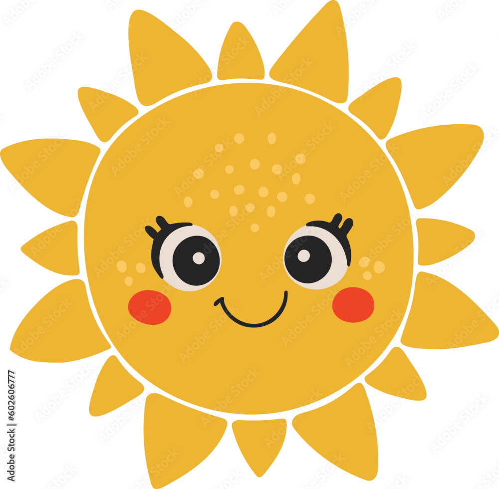 Cute sun cartoon character, Happy sun vector, Summer sunshine with eyes, Sun isolated vector, cute baby illustration