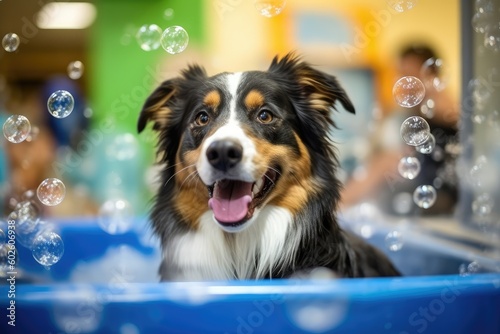 Cute dog taking bath with soap bubbles. AI Generated