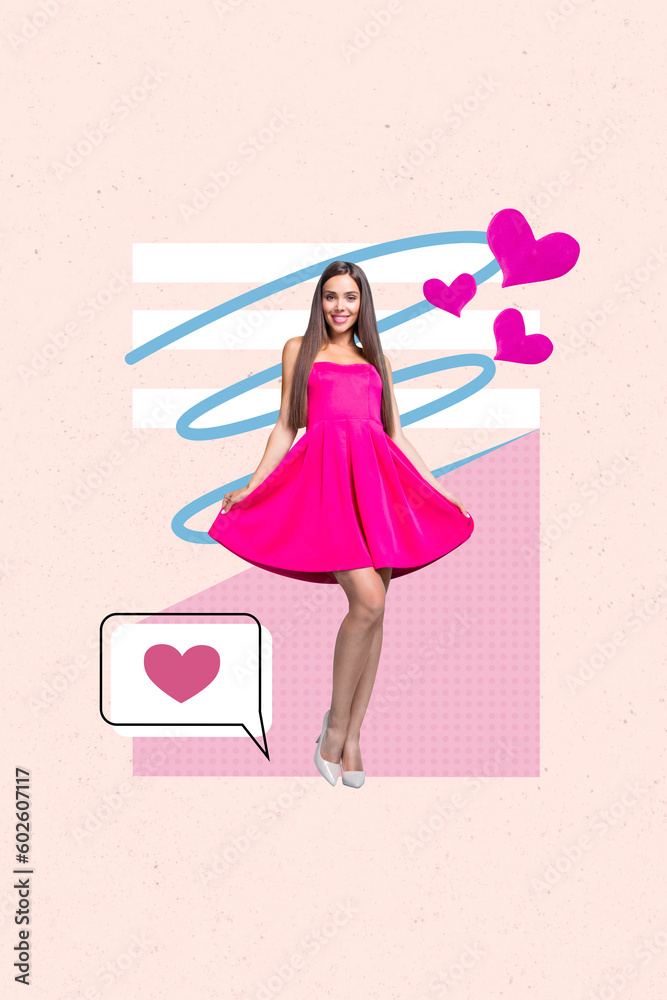 Photo collage artwork picture of happy smiling lady getting media likes isolated pink color background Photo collage artwork picture of happy smiling lady getting media likes isolated pink color background