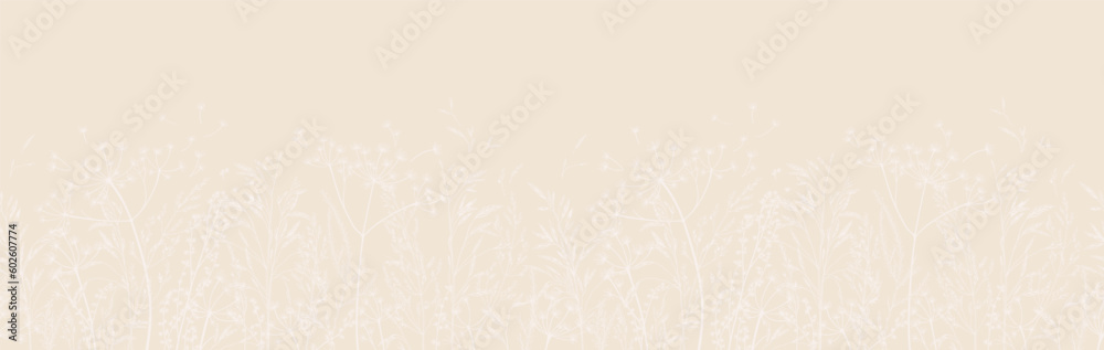Vector illustration with wild and dry grass. Panoramic horizontal seamless pattern. Meadow herbs. Ornament for wallpaper, card, border, banner or your other design. Pastel tones. Art line style.