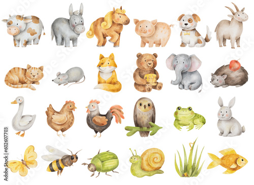Cute farm and wild animals, insects. Big watercolor hand-drawn set of different animals isolated on white background. Children illustrations