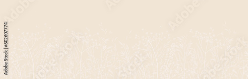 Vector illustration with wild and dry grass. Panoramic horizontal seamless pattern. Meadow herbs. Ornament for wallpaper, card, border, banner or your other design. Pastel tones. Art line style.