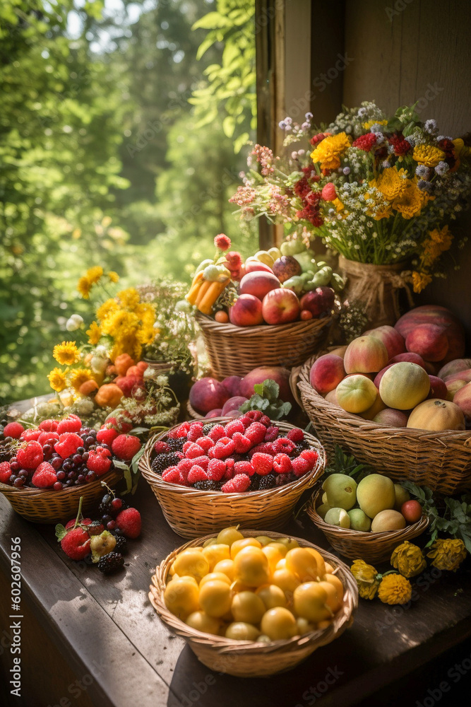 Bountiful Summer produce with plenty of fresh vibrant berries, fruits and flowers in baskets showing Self sufficient farming and organic produce, made with Generative AI