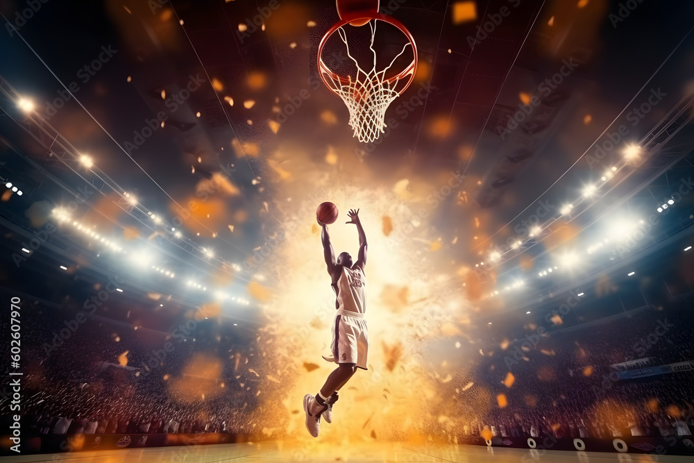 Basketball player makes slam dunk on big professional arena during the game ai generated art Generative AI