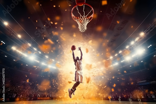 Basketball player makes slam dunk on big professional arena during the game ai generated art Generative AI