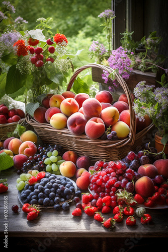 Bountiful Summer harvest with plenty of fresh vibrant berries, fruits and flowers showing Self sufficient farming and home grown food, made with Generative AI