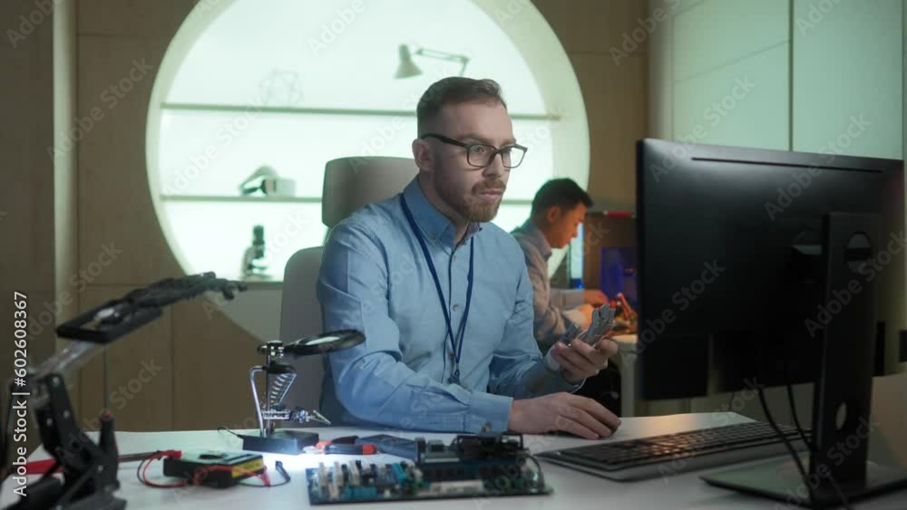 Hardworking Caucasian developer creating robotic hands at laboratory. Bearded man with glasses using computer. On table lying technical objects. Developing innovational technology. Business concept. Hardworking Caucasian developer creating robotic hands at laboratory. Bearded man with glasses using computer. On table lying technical objects. Developing innovational technology. Business concept.