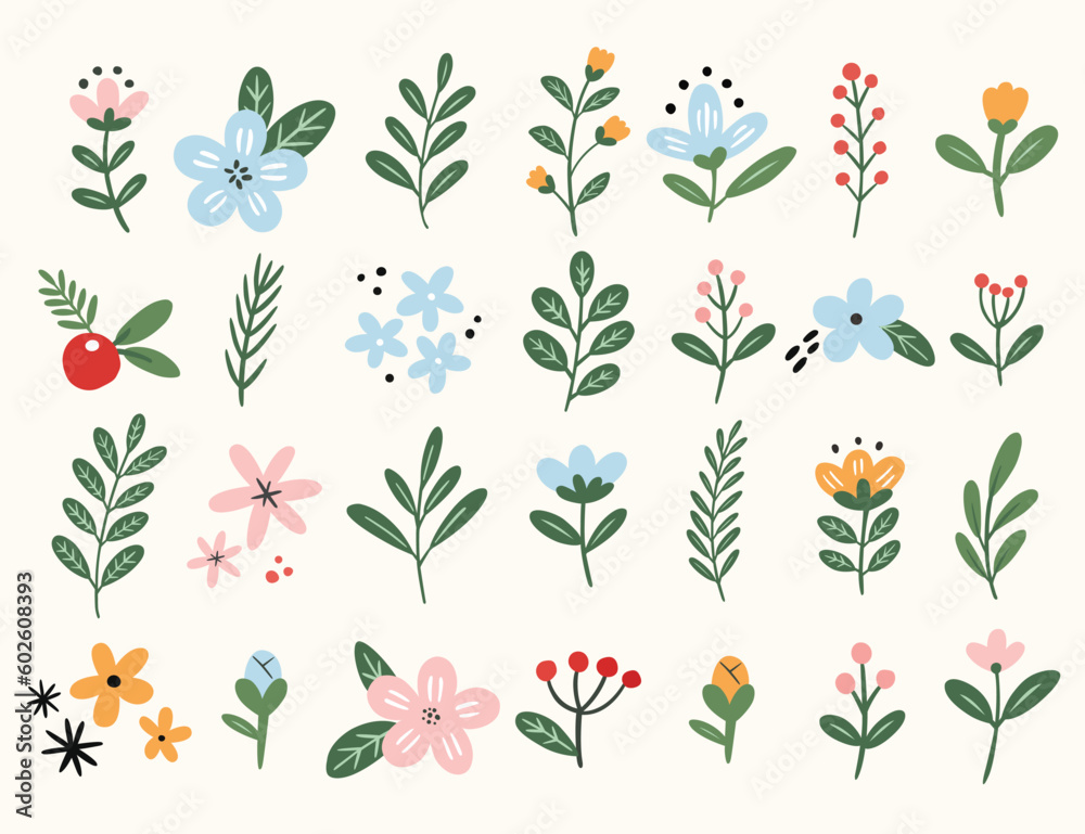 Set of cute hand drawn spring flowers floral botanical vector illustration.