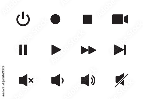 Audio, video, music player button icon. Sound control, play, pause button solid icon set. Camera, media control, microphone interface pictogram. Vector illustration.