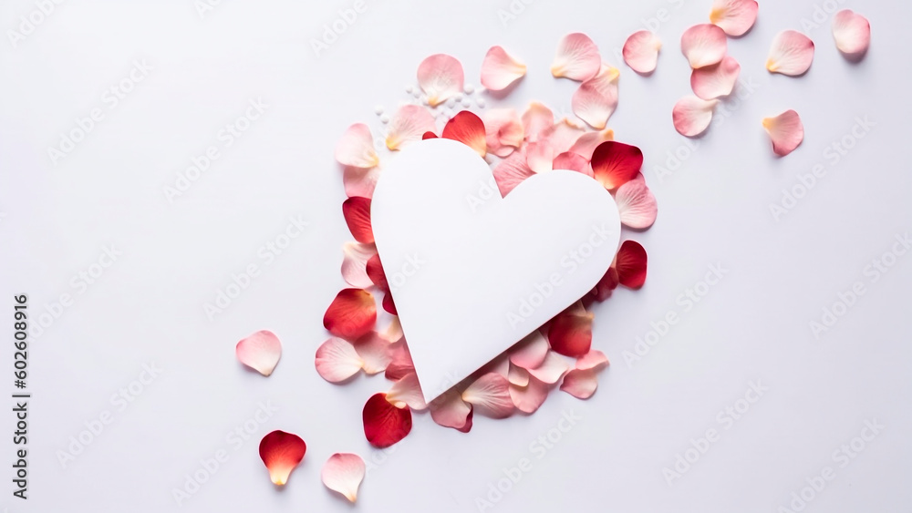 Heart and rose petals on white background. Valentines day background with copy space. Generative AI.