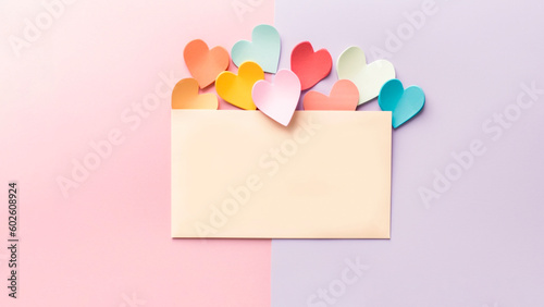 Colorful paper hearts and card in blank on pink and purple pastel background. Valentine's day concept. Generative AI. © art4all