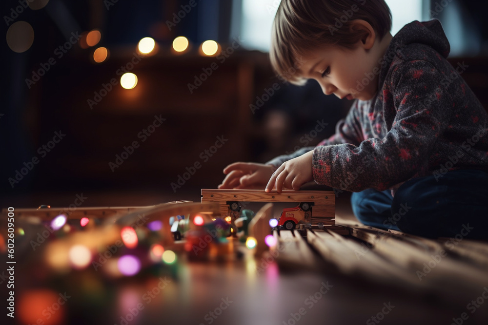 A photo of a child playing with a wooden train set, with colorful bokeh lights in the background, toys, children's day, bokeh Generative AI