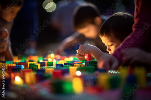 A picture of a group of children playing with building blocks, with bright and colorful bokeh lights in the background, toys, children's day, bokeh Generative AI
