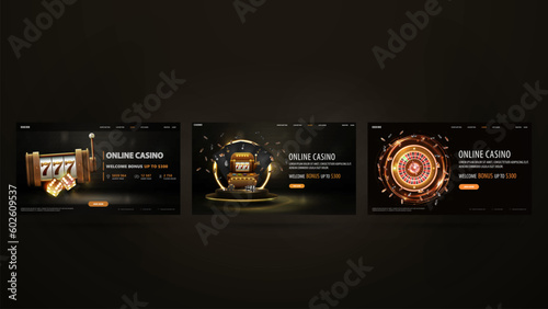 Set of black and gold casino web banners with gold slot machine, neon Casino Roulette and poker chips on dark background