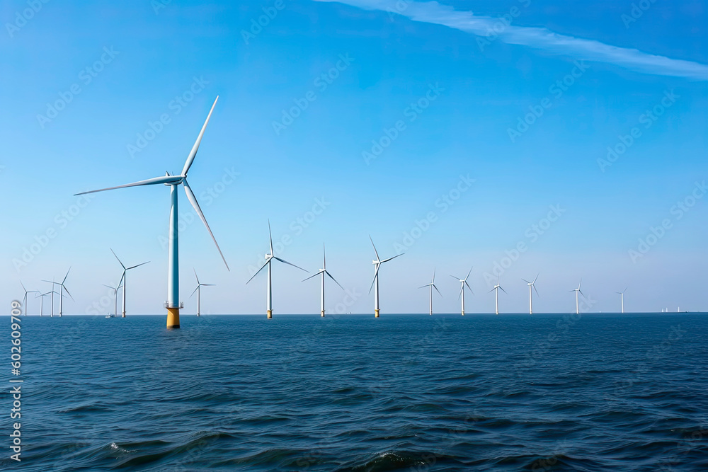 Fototapeta premium Windmill farm in the ocean Westermeerwind park, windmills isolated at sea on a beautiful bright