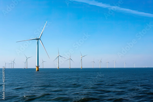 Windmill farm in the ocean Westermeerwind park, windmills isolated at sea on a beautiful bright