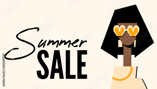 advertising banner, summer sale, fashion industry, girl in sunglasses, flat style, minimalism