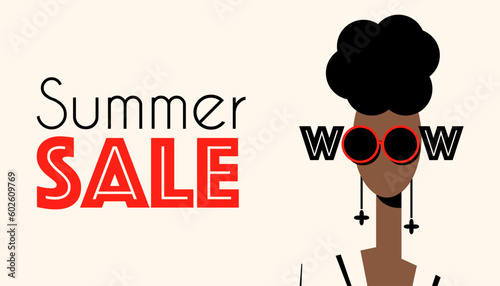 advertising banner, summer sale, fashion industry, girl in sunglasses, flat style, minimalism