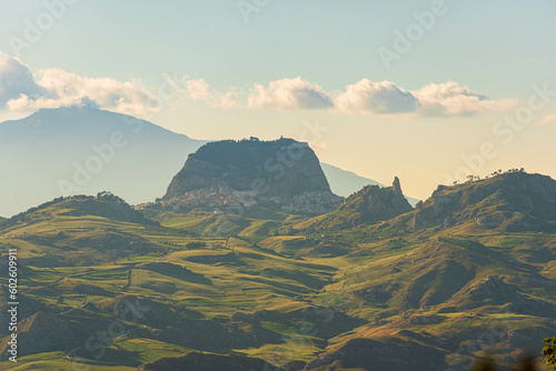 View of Sutera from Montedoro, Caltanissetta, Sicily, Italy, Europe