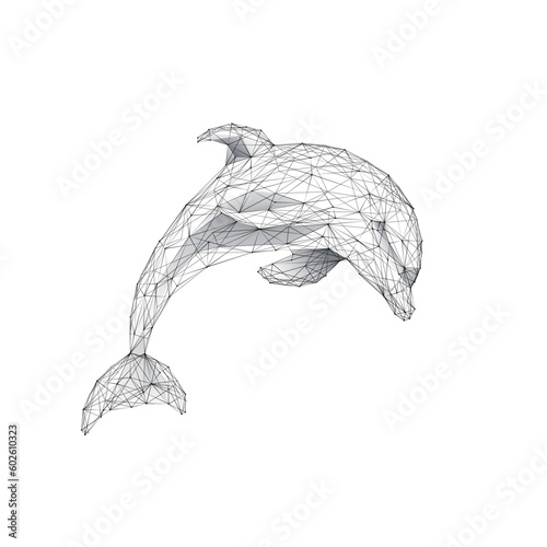Jumping dolphin isolated on white background. Marine Life concept. 3D wireframe vector illustration. Polygonal dolphin in a jump. Low poly graphic art.