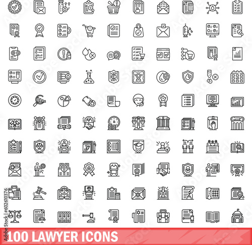 100 lawyer icons set. Outline illustration of 100 lawyer icons vector set isolated on white background