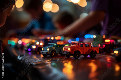 A picture of a group of children playing with toy trucks, with colorful and playful bokeh lights in the background, toys, children's day, bokeh Generative AI