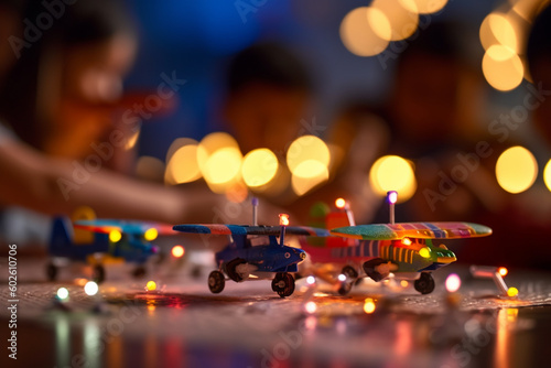 A picture of a group of children playing with toy airplanes, with colorful and playful bokeh lights in the background, toys, children's day, bokeh Generative AI